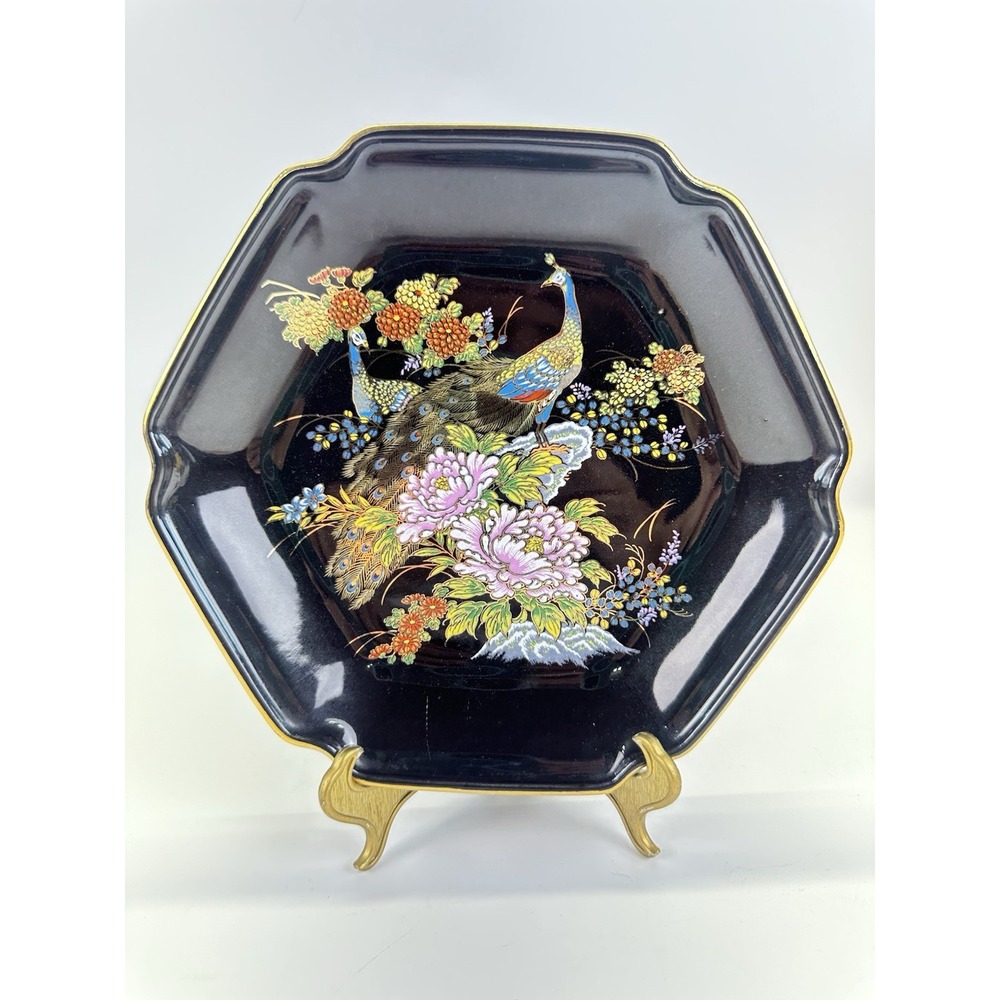 Vintage MCI Japan Black Porcelain Peacock Floral Hexagon Plate 7.5" w/ Stand